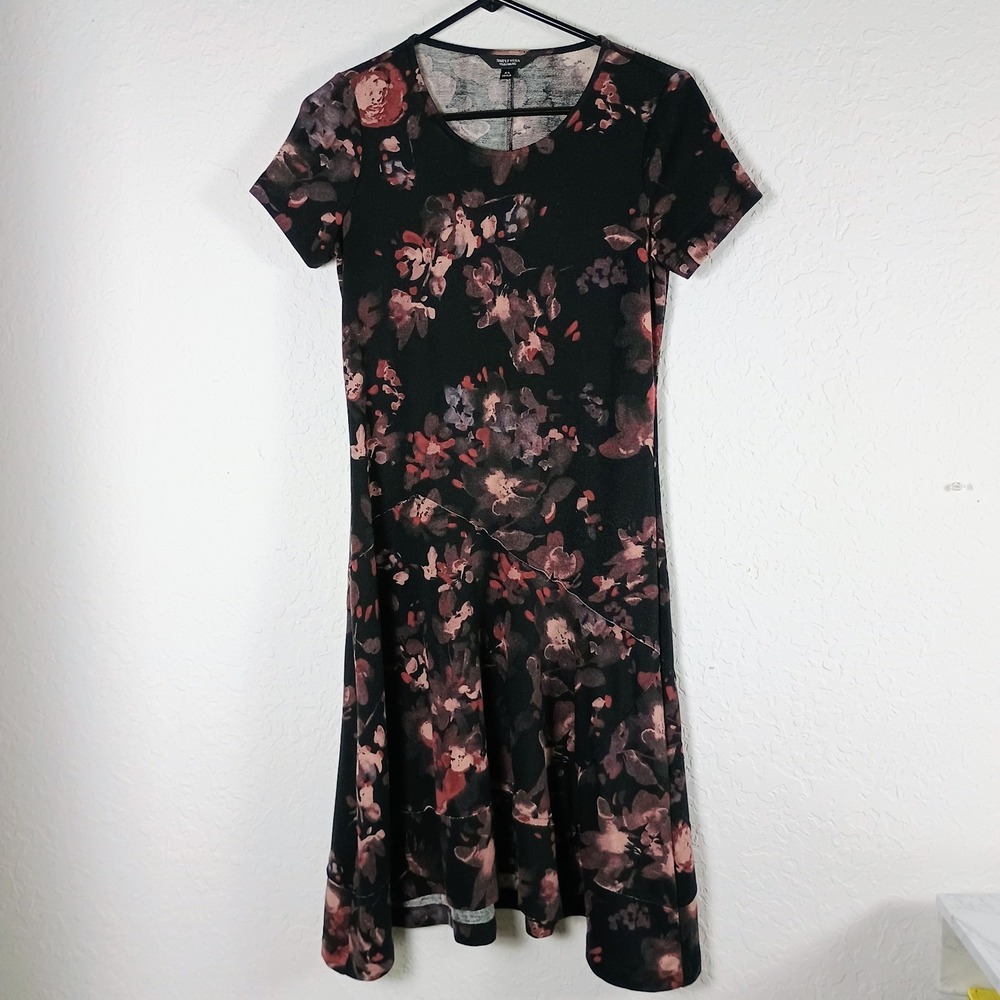 Simply Vera Vera Wang XS Black Floral Midi Dress Stretch A-Line Short Sleeve